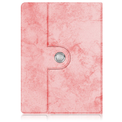 Pink leather tablet case with circular ring for 360° rotation and tri-fold design.