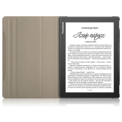 Grey leather rotating tablet case holding a tablet in an open stand position.