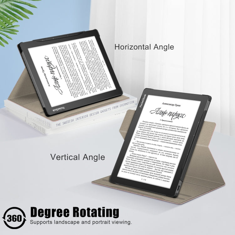 Grey leather 360° rotating tablet case with stand for portrait and landscape viewing.
