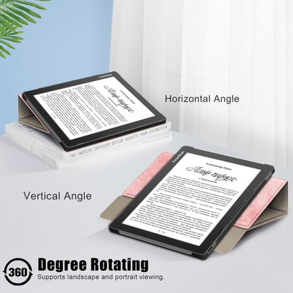 Pink leather rotating tablet case shown in landscape and portrait stand angles.