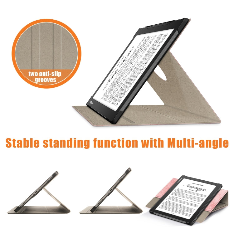 Grey leather tablet case with multi-angle stand and non-slip grooves on the base.
