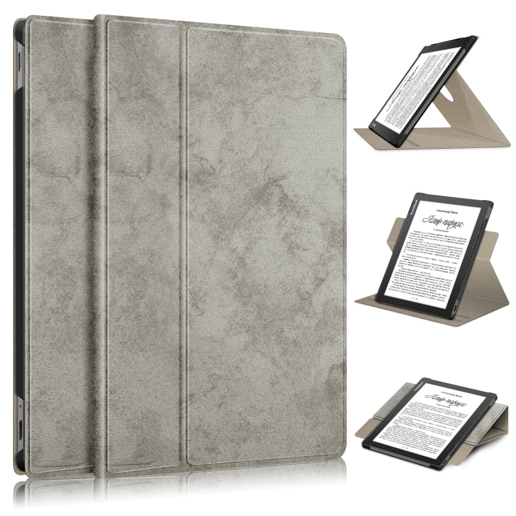 Grey leather 360° rotating tablet case with tri-fold cover and stand support.