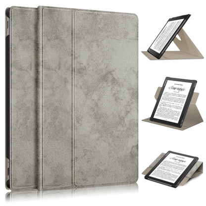 Grey leather 360° rotating tablet case with tri-fold cover and stand support.