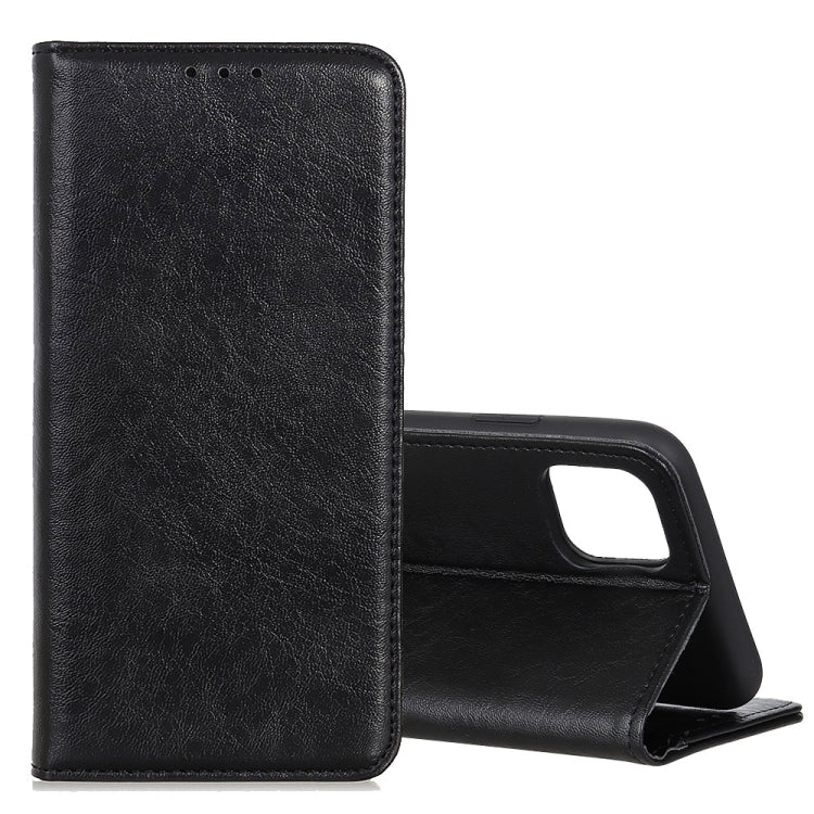 Black leather flip phone case with magnetic closure and card slots, horizontal stand