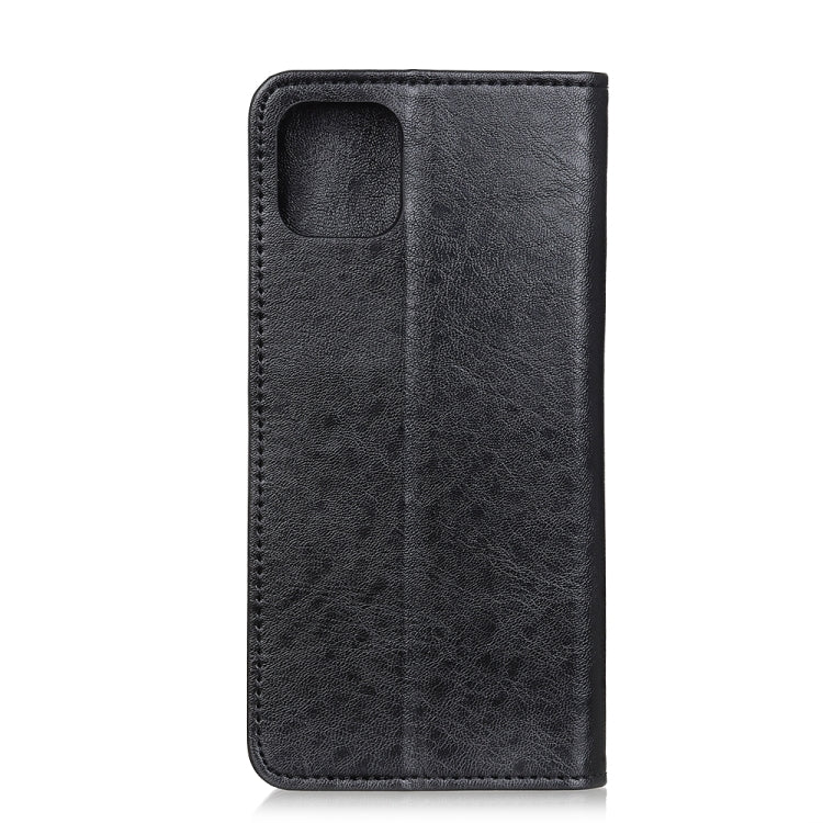 Black leather flip phone case with camera cutout and textured back panel