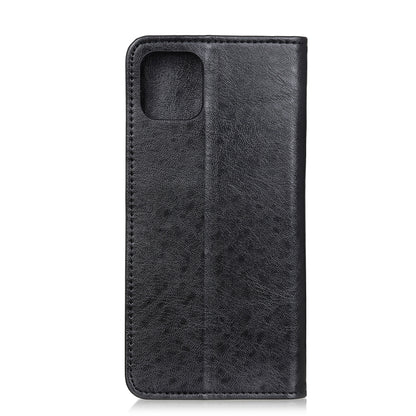 Black leather flip phone case with camera cutout and textured back panel