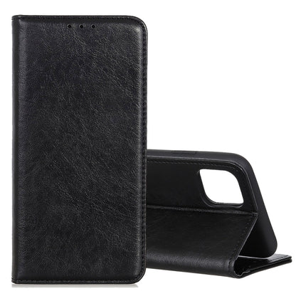 Black leather flip phone case with textured finish, magnetic closure, and stand