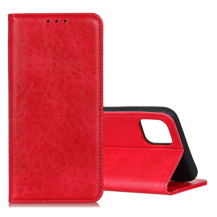 Red leather wallet-style flip phone case open with card slot and side holder