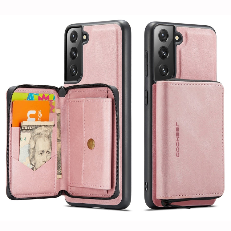 Pink leather magnetic flip phone case with zip pocket and card holder