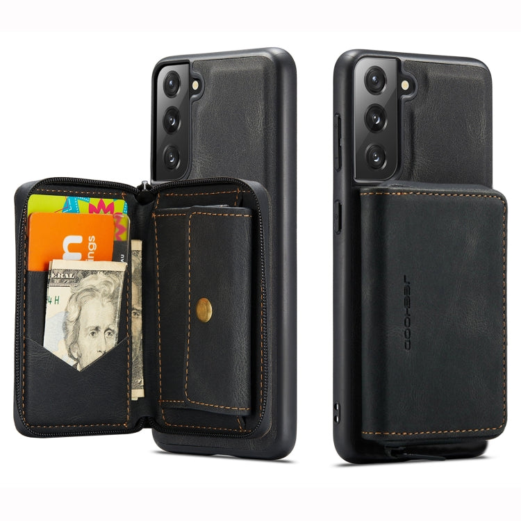Black leather magnetic flip phone case with wallet pockets and zippered card holder