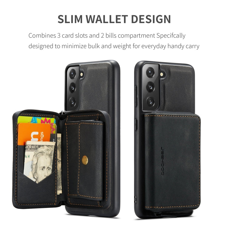 Black leather flip phone case with zip pocket, card slots, and magnetic closure