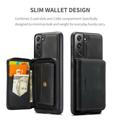 Black leather flip phone case with zip pocket, card slots, and magnetic closure
