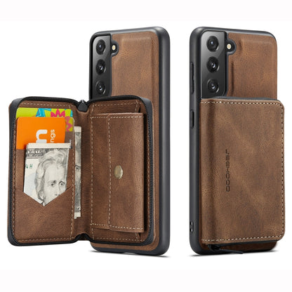 Brown leather magnetic flip phone case with zip pocket and card slots