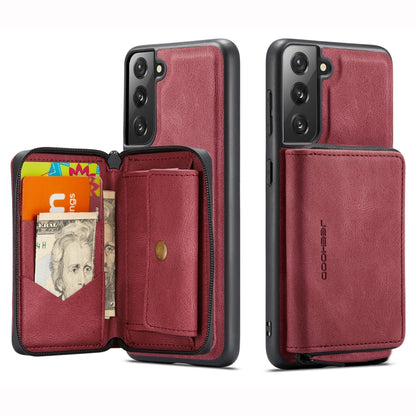Magnetic flip phone case in pink leather, open horizontal zipper wallet with card pocket