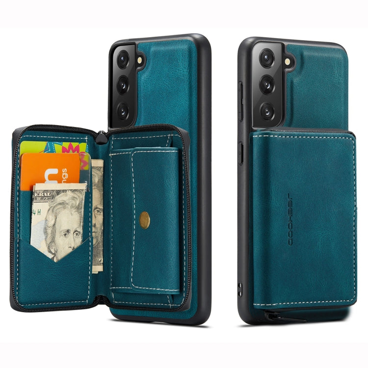 Magnetic flip phone case in teal leather, open horizontal zipper wallet with card pocket
