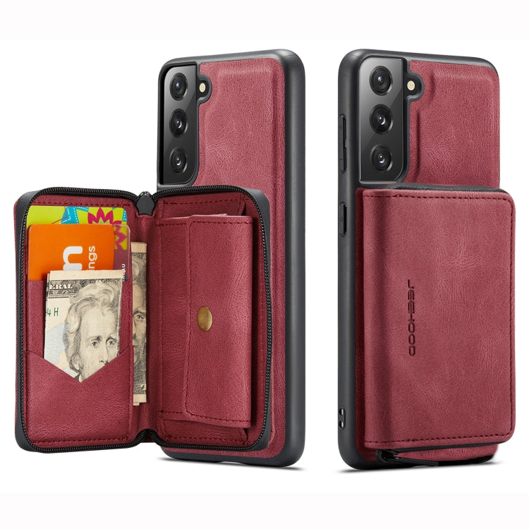 Magnetic flip phone case in rose red leather, open horizontal zipper wallet with card slots