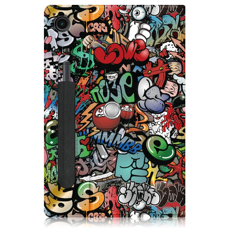 Graffiti patterned leather tablet case back with camera cutout and strap