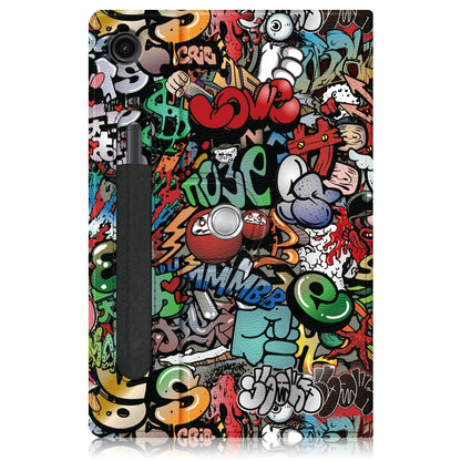 Graffiti patterned leather tablet case back with camera cutout and strap