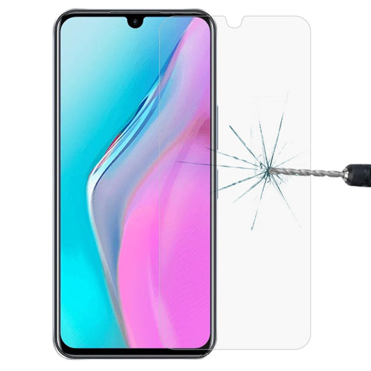 Tempered glass screen protector film for phone, with impact scratch-resistance shown on display.
