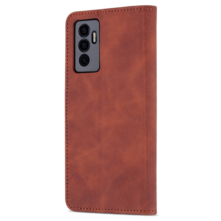 Brown calf-texture leather phone case with stitched edges and camera opening