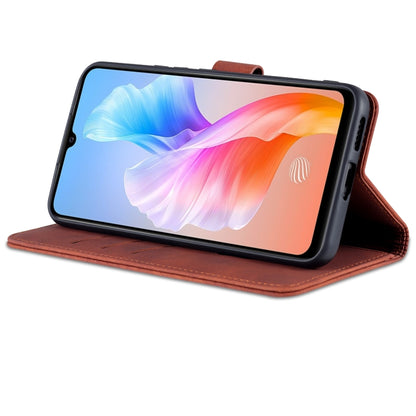 Brown calf-texture flip leather phone case in stand mode with viewing support