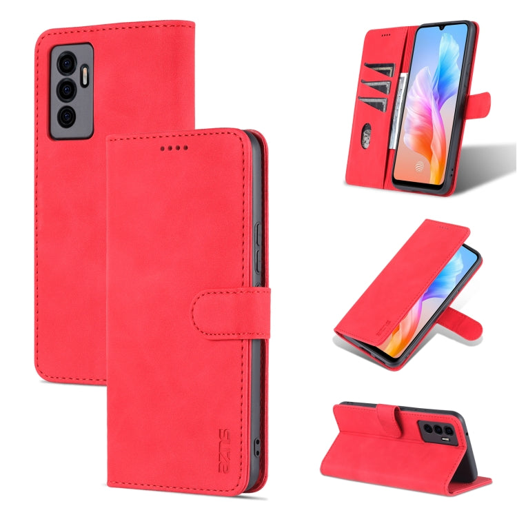 Red calf-texture flip leather phone case with magnetic strap and viewing stand