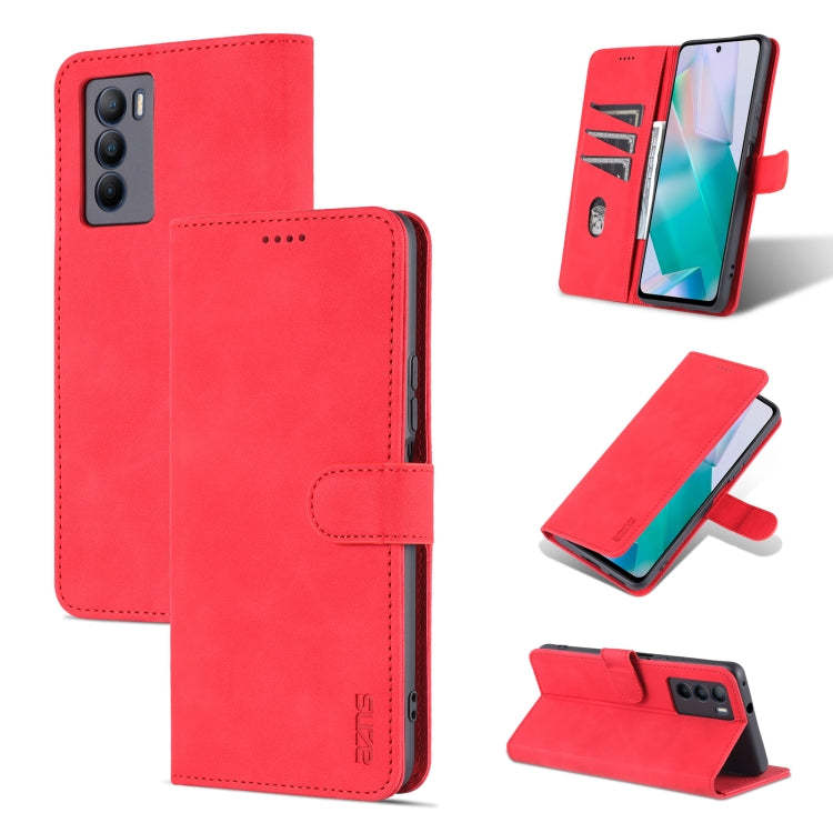 Red calf-texture leather flip phone case with card slot and horizontal stand