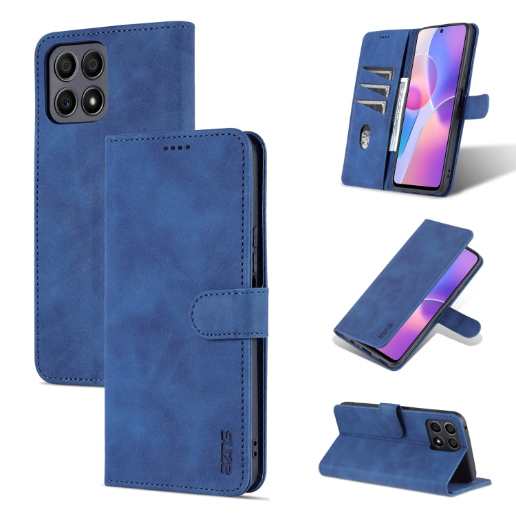 Blue leather horizontal flip phone case with card slot and camera cutouts