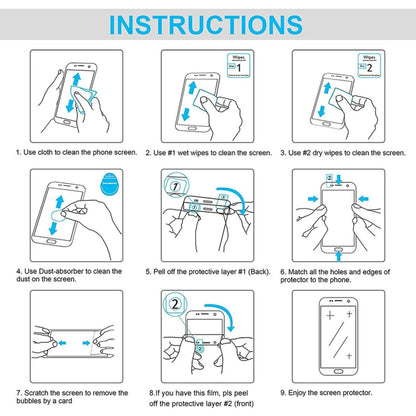 Instructions for applying tempered glass screen protector, using wipes and alignment steps