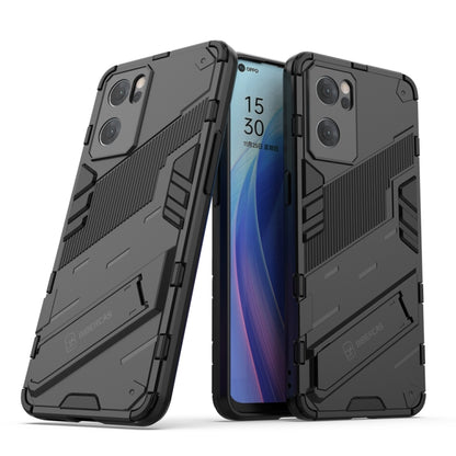 Black rugged phone case with kickstand and raised camera protection for OPPO Reno7