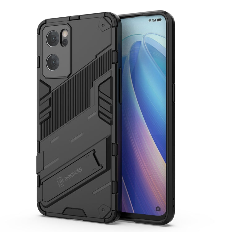 Black rugged phone case with kickstand, textured grip, and camera cutouts for OPPO Reno7