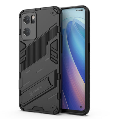 Black rugged phone case with kickstand, textured grip, and camera cutouts for OPPO Reno7