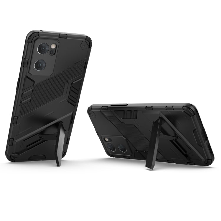Black rugged phone case with kickstand, shockproof corners, and textured back armor