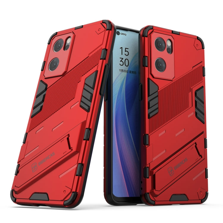 Red rugged phone case with kickstand and raised camera protection for OPPO Reno7