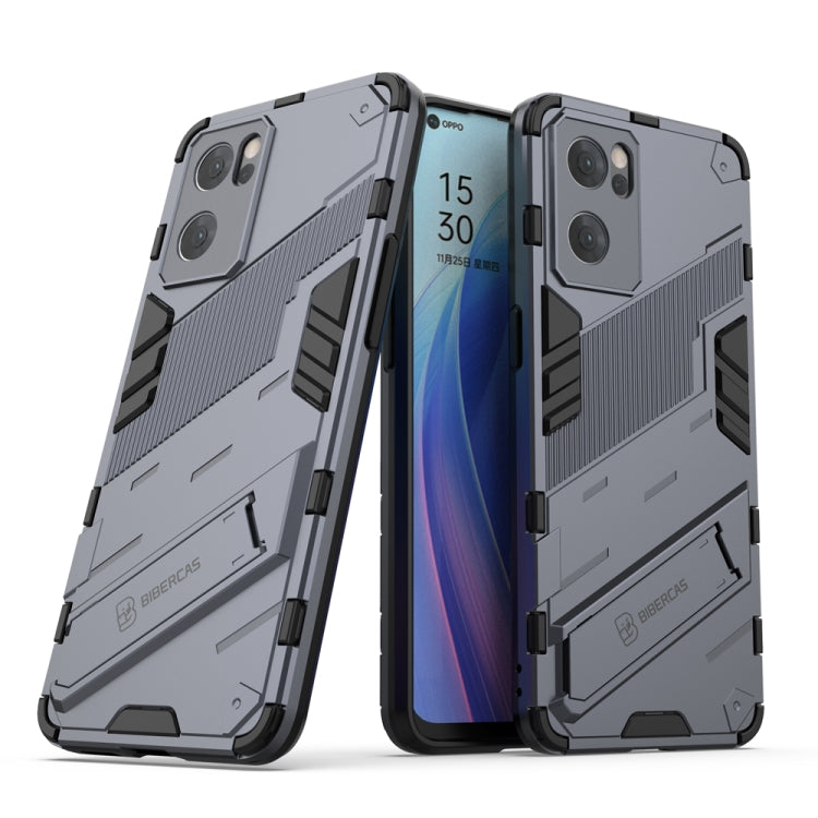 Grey rugged phone case with kickstand and raised camera protection for OPPO Reno7