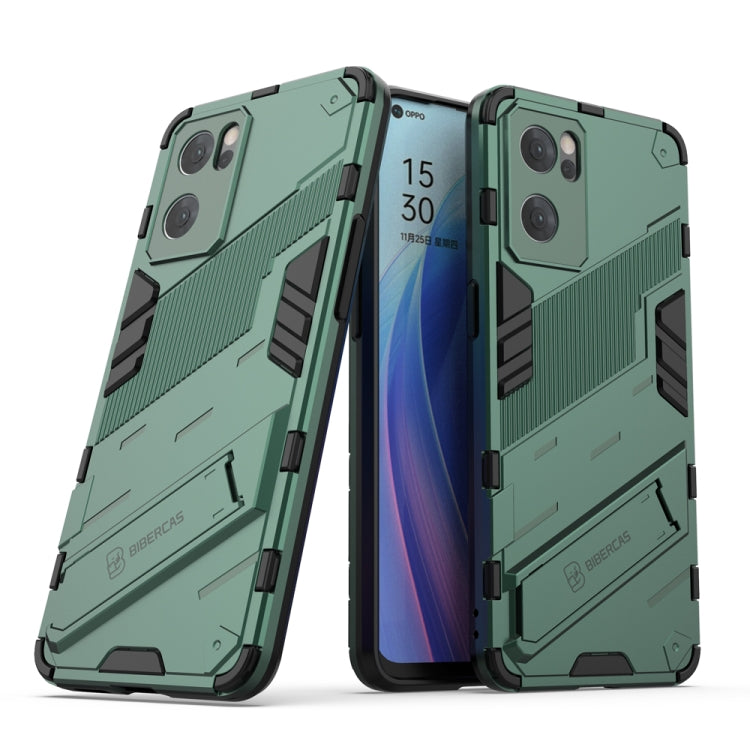 Green rugged phone case with kickstand and raised camera protection for OPPO Reno7