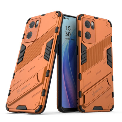 Rugged shockproof phone case with kickstand, orange and black, dual-layer design