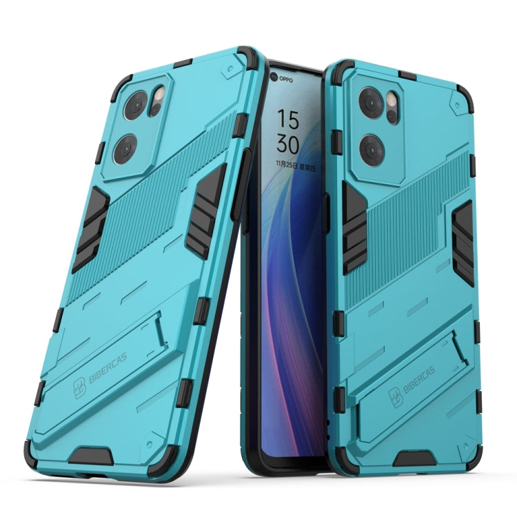 Rugged shockproof phone case with kickstand, light blue and black, dual-layer design