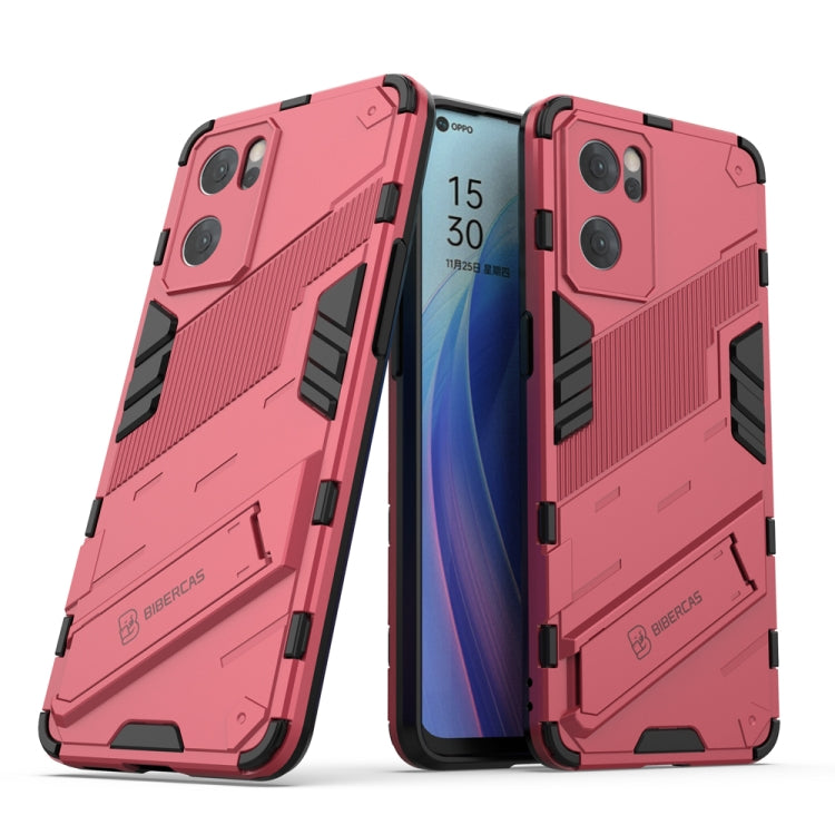 Rugged shockproof phone case with kickstand, pink and black, dual-layer design