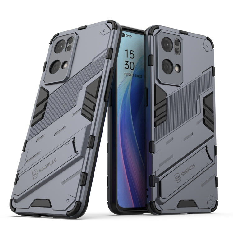 Rugged shockproof phone case with kickstand, gray and black, dual-layer design