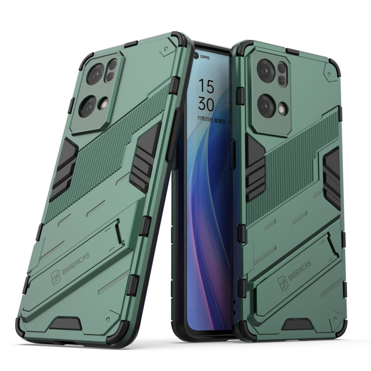 Rugged shockproof phone case with kickstand, green and black, dual-layer design