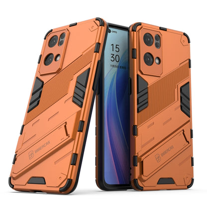Rugged shockproof phone case with kickstand, orange and black, textured dual-layer armor