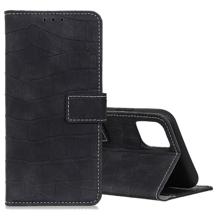 Crocodile-texture flip leather phone case with card holder and stand, black