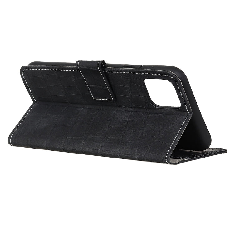 Crocodile-texture flip leather phone case with side hand strap, black