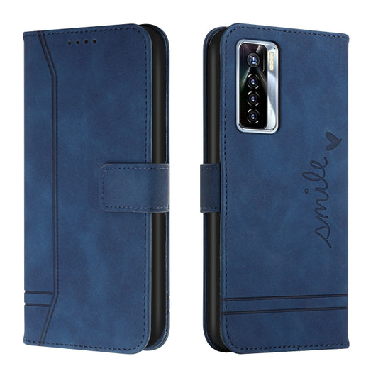 Blue horizontal flip phone case with stitched front cover and cutout camera opening