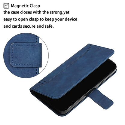 Blue horizontal flip phone case with magnetic clasp and stitched corner details