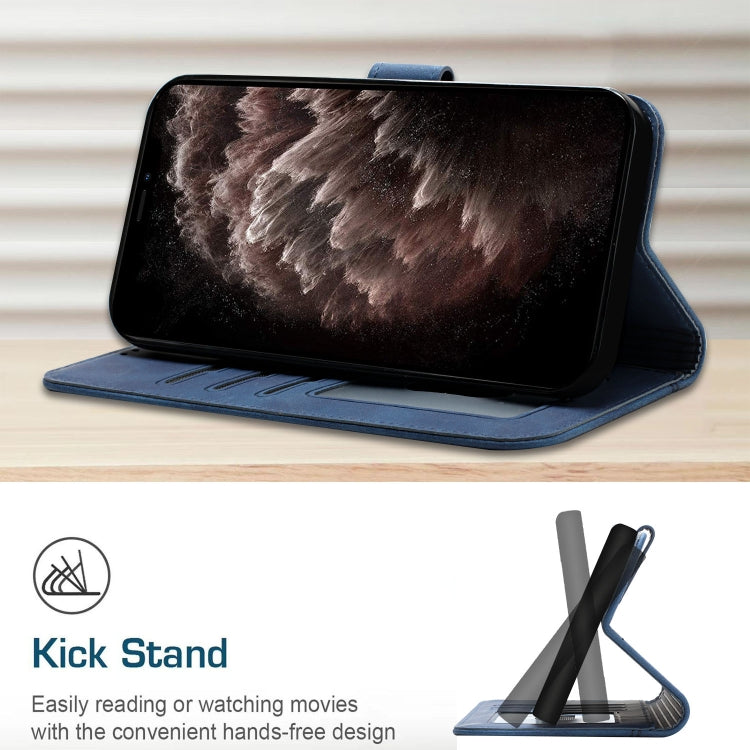 Blue horizontal flip phone case folded as a kickstand for angled viewing