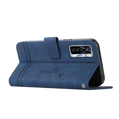 Blue horizontal flip phone case with smile script, camera cutout, and side flap