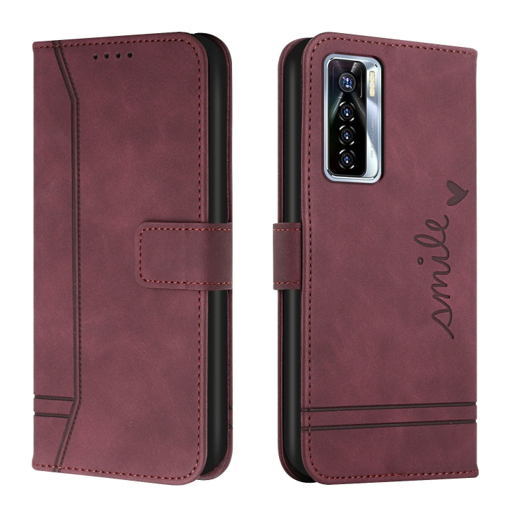 Wine red horizontal flip phone case with stitched front cover and camera cutout
