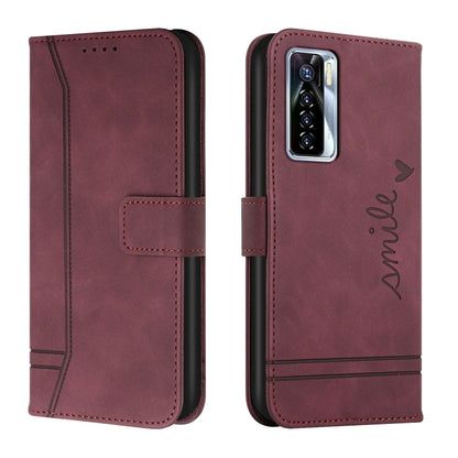 Wine red horizontal flip phone case with stitched front cover and camera cutout